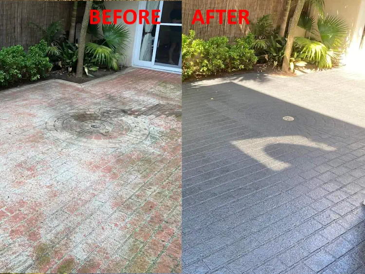 Before and after of an outdoor patio concrete sealing service we did