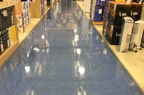 Commercial vinyl flooring that has been freshly polished and sealed